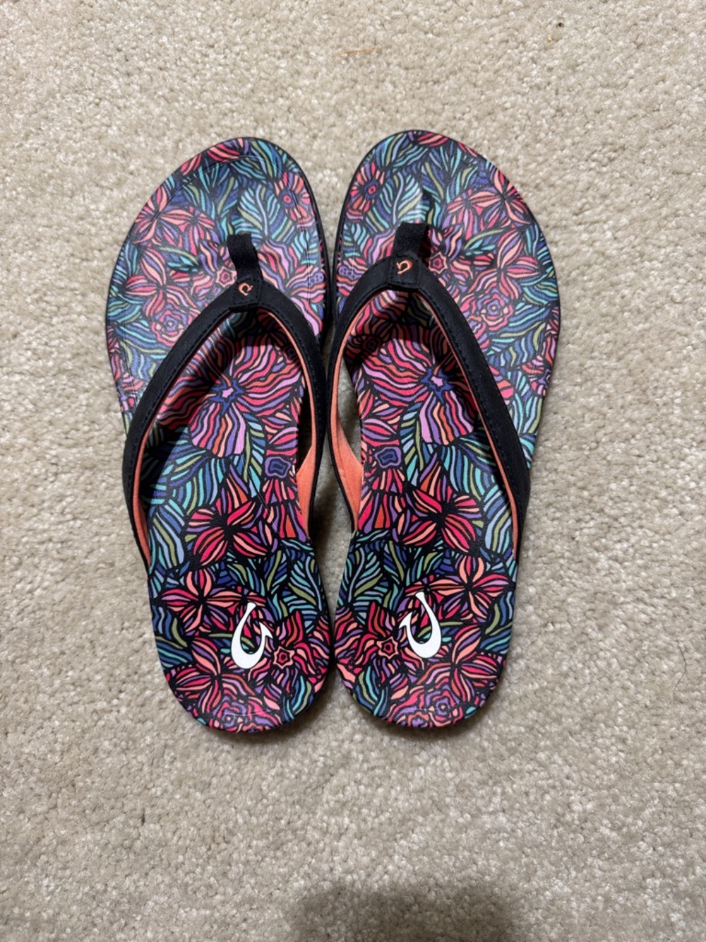 Colorful Floral Print Women's Flip-Flop Sandals - Black Straps - Picture 2 of 4